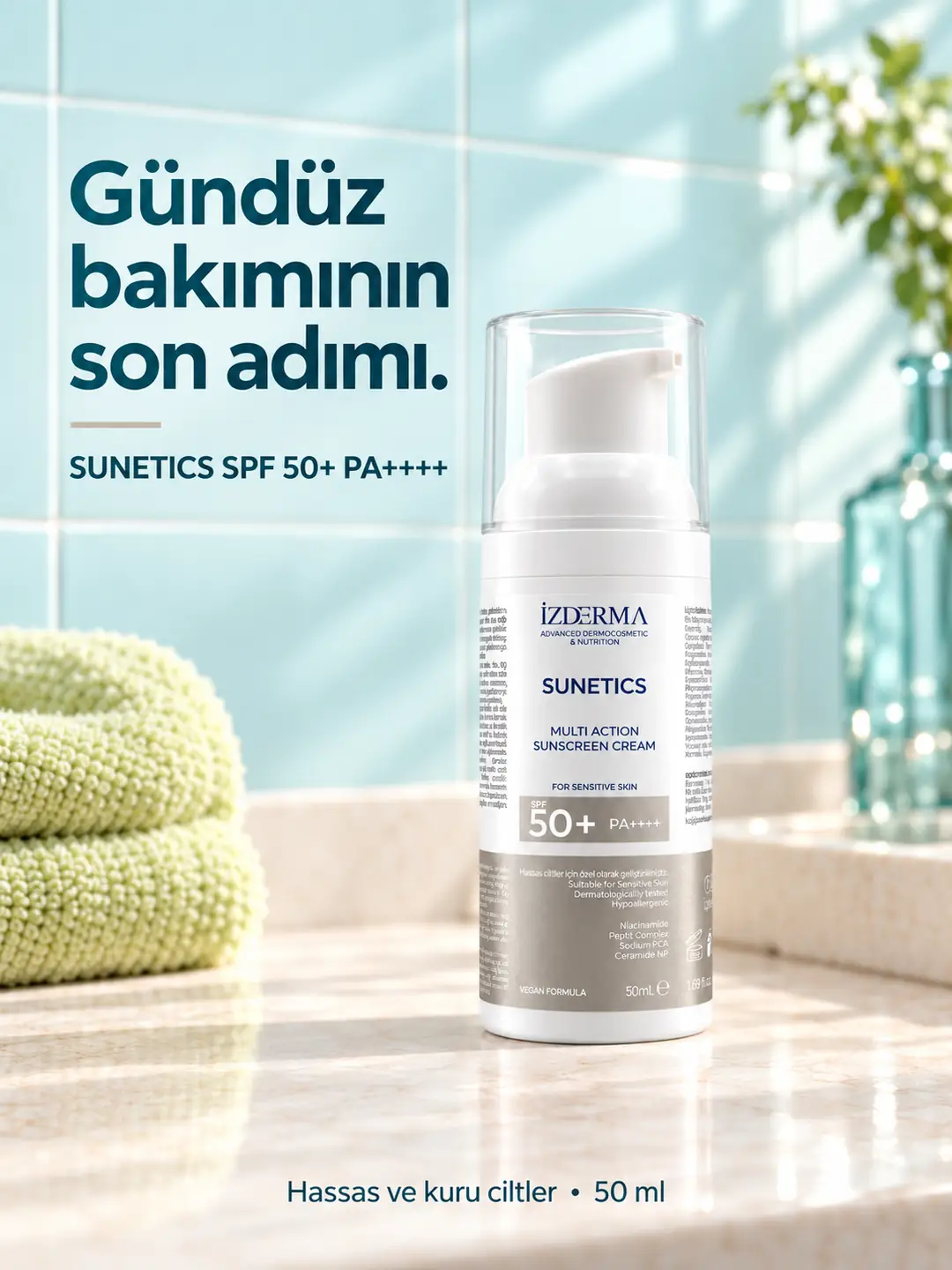 İzderma Sunetics Multi Action Güneş Kremi SPF 50+ PA++++ — Hassas ve Kuru Ciltler · 50 ml · Görsel 2