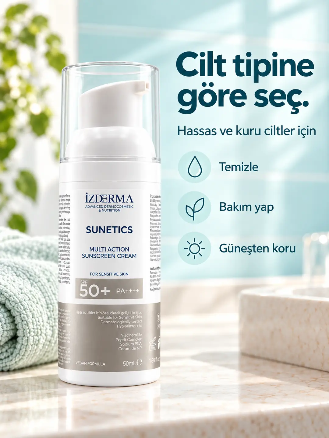 İzderma Sunetics Multi Action Güneş Kremi SPF 50+ PA++++ — Hassas ve Kuru Ciltler · 50 ml · Görsel 3