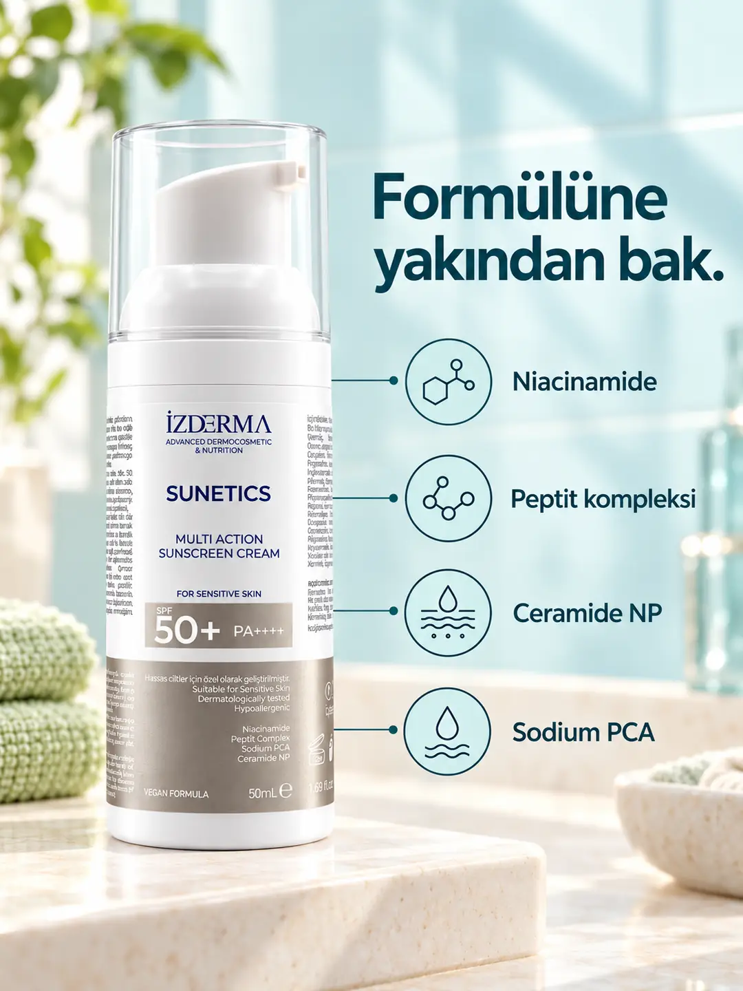 İzderma Sunetics Multi Action Güneş Kremi SPF 50+ PA++++ — Hassas ve Kuru Ciltler · 50 ml · Görsel 4