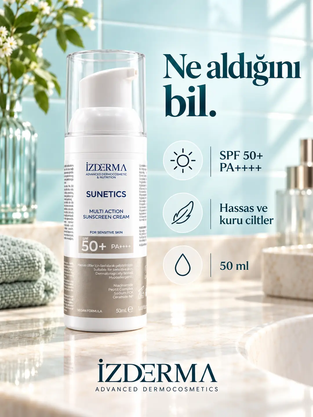 İzderma Sunetics Multi Action Güneş Kremi SPF 50+ PA++++ — Hassas ve Kuru Ciltler · 50 ml · Görsel 6
