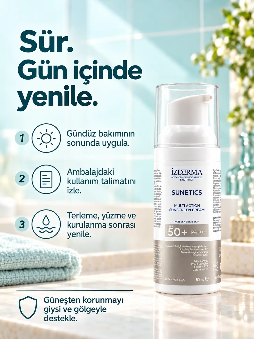 İzderma Sunetics Multi Action Güneş Kremi SPF 50+ PA++++ — Hassas ve Kuru Ciltler · 50 ml · Görsel 5